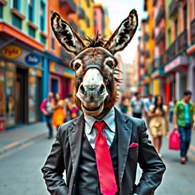 A whimsical scene featuring a donkey dressed in a stylish suit and tie, standing confidently