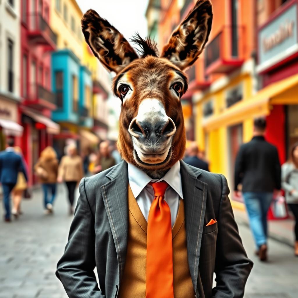 A whimsical scene featuring a donkey dressed in a stylish suit and tie, standing confidently