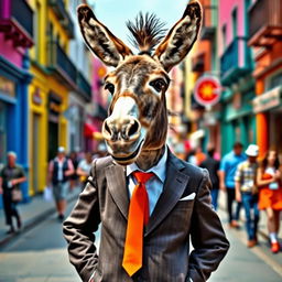 A whimsical scene featuring a donkey dressed in a stylish suit and tie, standing confidently
