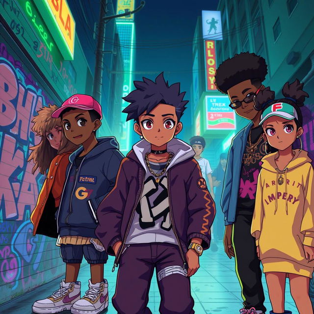 An anime-inspired scene capturing the essence of the song 'Bala', featuring characters with distinct afro-anime features and a vibrant trap plug aesthetic