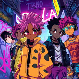 An anime-inspired scene capturing the essence of the song 'Bala', featuring characters with distinct afro-anime features and a vibrant trap plug aesthetic