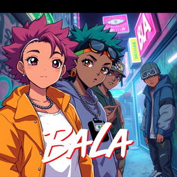 An anime-inspired scene capturing the essence of the song 'Bala', featuring characters with distinct afro-anime features and a vibrant trap plug aesthetic