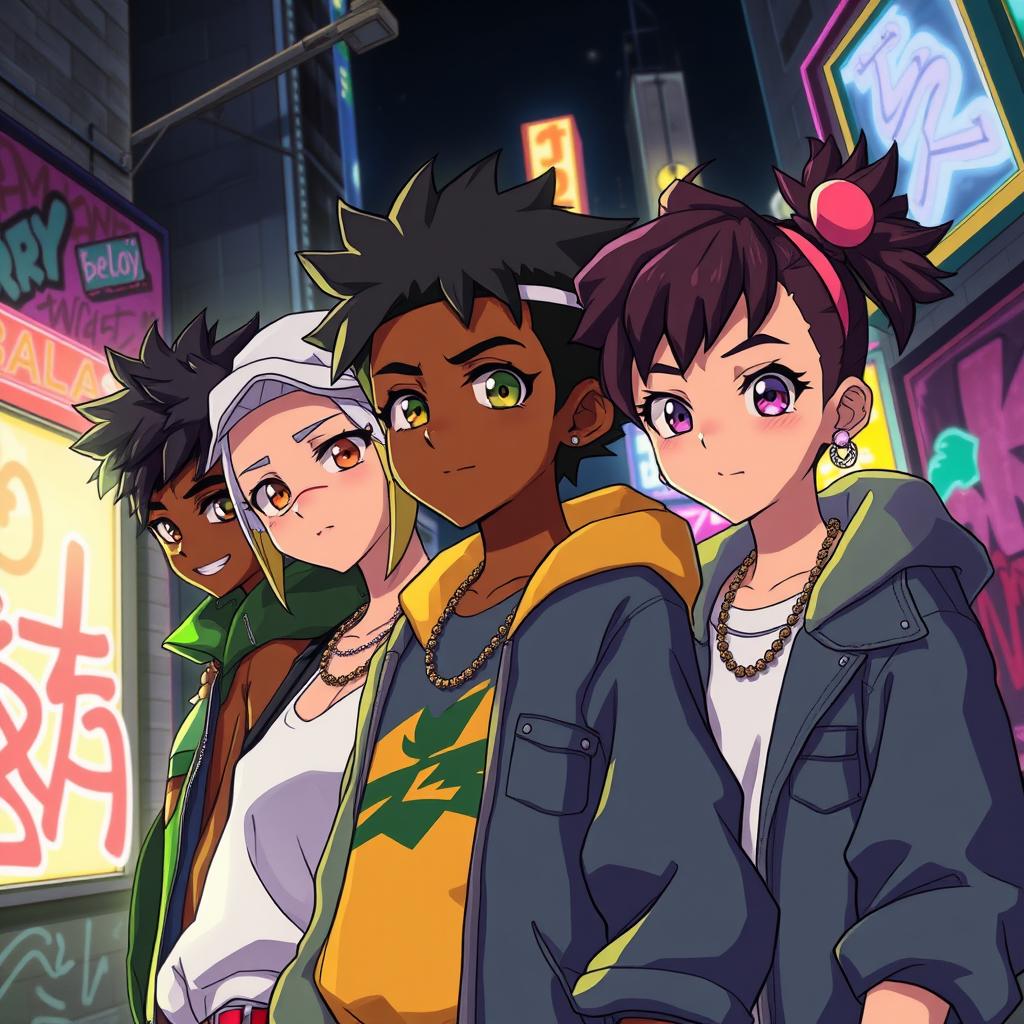 An anime-inspired scene capturing the essence of the song 'Bala', featuring characters with distinct afro-anime features and a vibrant trap plug aesthetic