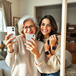 A mirror selfie capturing a 50-year-old mother and her 30-year-old daughter