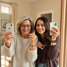 A mirror selfie capturing a 50-year-old mother and her 30-year-old daughter
