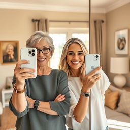 A mirror selfie capturing a 50-year-old mother and her 30-year-old daughter