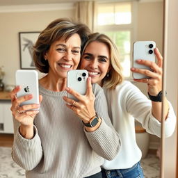 A mirror selfie capturing a 50-year-old mother and her 30-year-old daughter