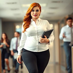 A full-length photograph of a thick, hourglass-shaped young woman with stunning flame red hair and captivating blue eyes