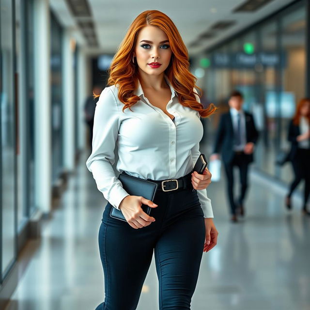 A full-length photograph of a thick, hourglass-shaped young woman with stunning flame red hair and captivating blue eyes