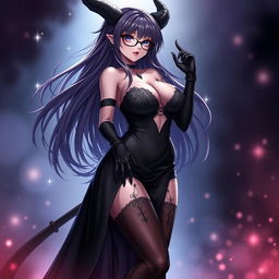 A sexy demonic anime girl witch with long, flowing hair and stylish glasses