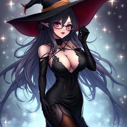 A sexy demonic anime girl witch with long, flowing hair and stylish glasses