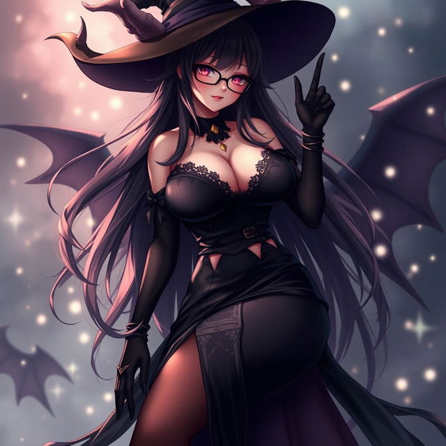 A sexy demonic anime girl witch with long, flowing hair and stylish glasses