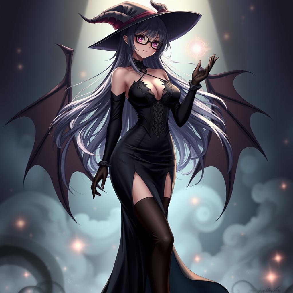 A sexy demonic anime girl witch with long, flowing hair and stylish glasses