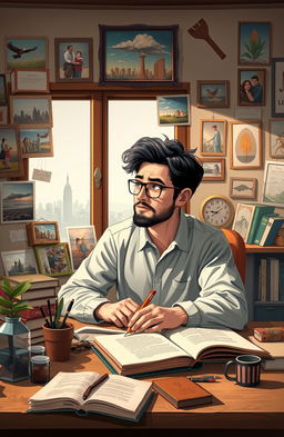 A beautifully designed self-portrait of a thoughtful individual reflecting on their life experiences, surrounded by images that represent significant events and emotions