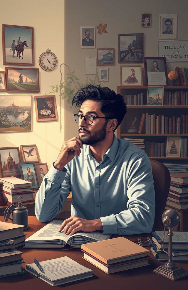 A beautifully designed self-portrait of a thoughtful individual reflecting on their life experiences, surrounded by images that represent significant events and emotions