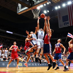 A dynamic basketball scene featuring a fierce match between Kyrgyzstan and the United States