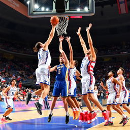 A dynamic basketball scene featuring a fierce match between Kyrgyzstan and the United States