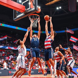 A dynamic basketball scene featuring a fierce match between Kyrgyzstan and the United States