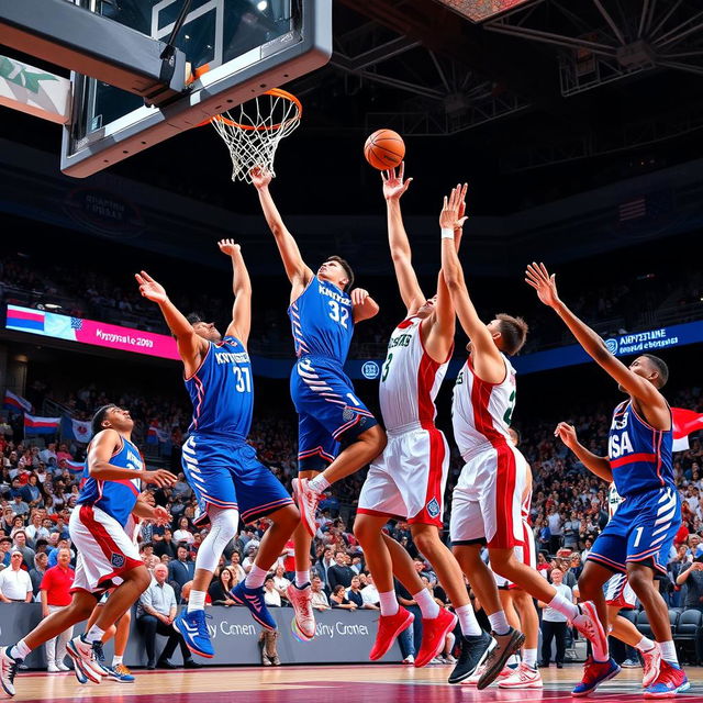 A dynamic basketball scene featuring a fierce match between Kyrgyzstan and the United States