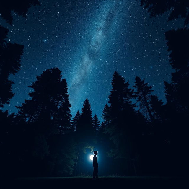 A solitary individual standing in a tranquil forest at night, under a breathtaking expanse of a starry sky