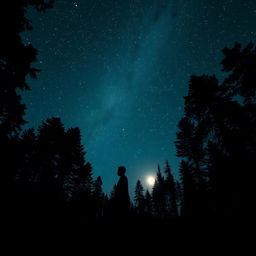 A solitary individual standing in a tranquil forest at night, under a breathtaking expanse of a starry sky