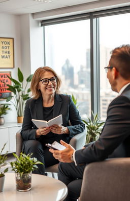 A professional coaching session in a modern office setting, featuring a confident life coach interacting with a successful entrepreneur