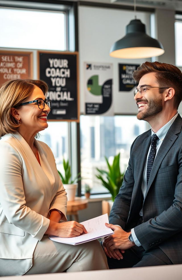 A professional coaching session in a modern office setting, featuring a confident life coach interacting with a successful entrepreneur