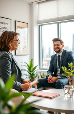 A professional coaching session in a modern office setting, featuring a confident life coach interacting with a successful entrepreneur