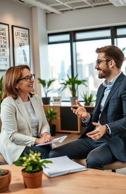 A professional coaching session in a modern office setting, featuring a confident life coach interacting with a successful entrepreneur