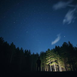 A solitary individual standing in a clear forest at night, gazing up at a magnificent sky filled with sparkling stars