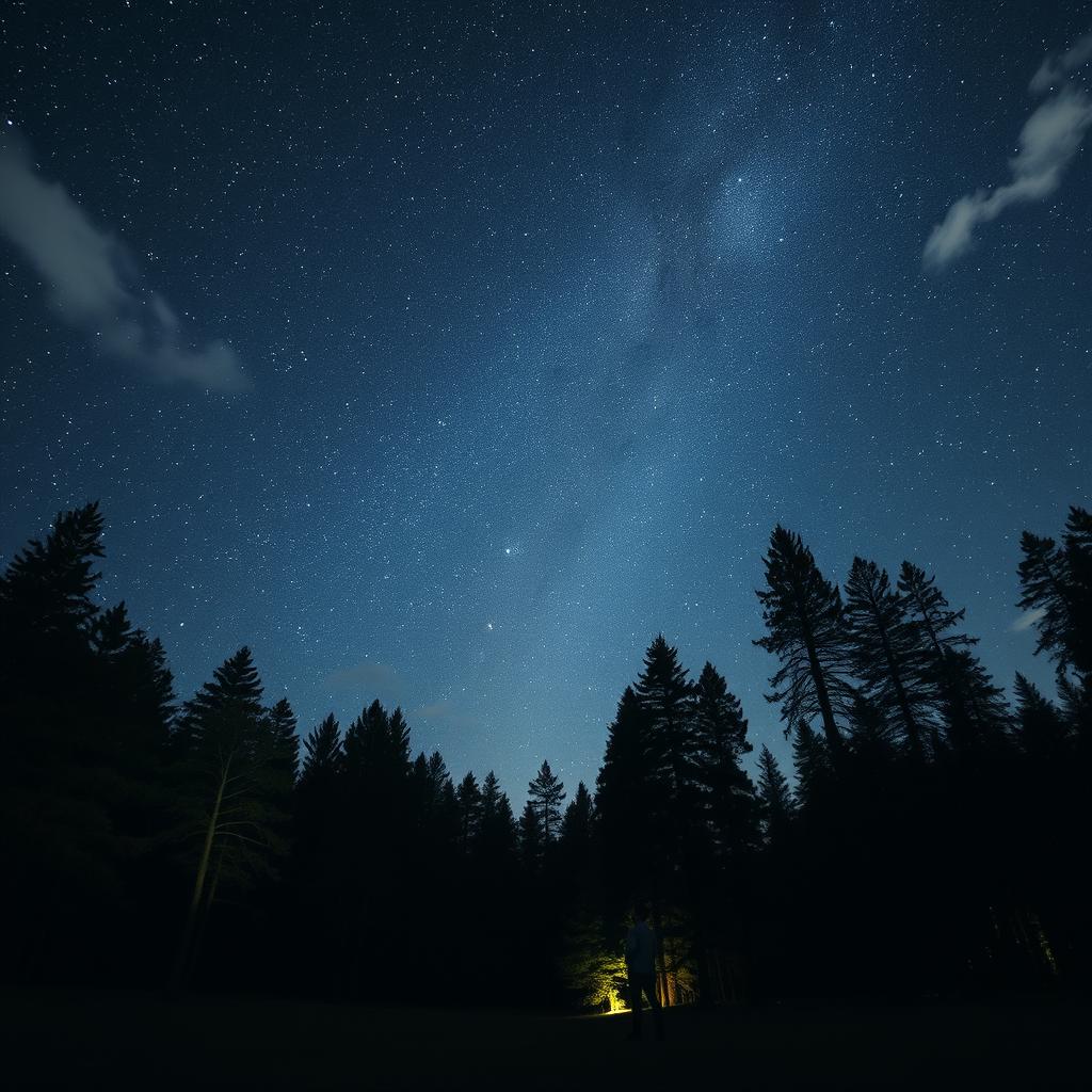 A solitary individual standing in a clear forest at night, gazing up at a magnificent sky filled with sparkling stars