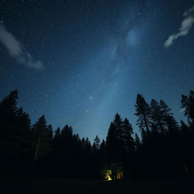 A solitary individual standing in a clear forest at night, gazing up at a magnificent sky filled with sparkling stars