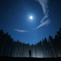 A solitary individual standing in a clear forest at night, gazing up at a magnificent sky filled with sparkling stars