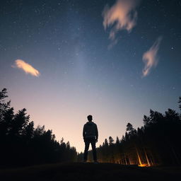 A solitary individual standing in a clear forest at night, gazing up at a magnificent sky filled with sparkling stars
