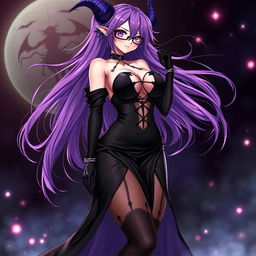 A sexy demonic anime girl witch with long, flowing purple hair and stylish glasses, exuding an enchanting and alluring presence