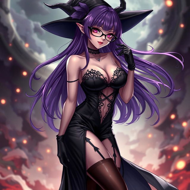 A sexy demonic anime girl witch with long, flowing purple hair and stylish glasses, exuding an enchanting and alluring presence