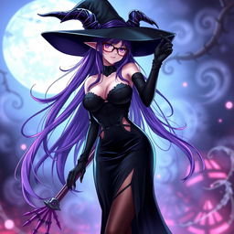 A sexy demonic anime girl witch with long, flowing purple hair and stylish glasses, exuding an enchanting and alluring presence