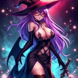 A sexy demonic anime girl witch with long, flowing purple hair and stylish glasses, exuding an enchanting and alluring presence