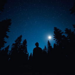 A clear scene of a solitary person standing in a peaceful forest at night, under a vivid and star-filled sky