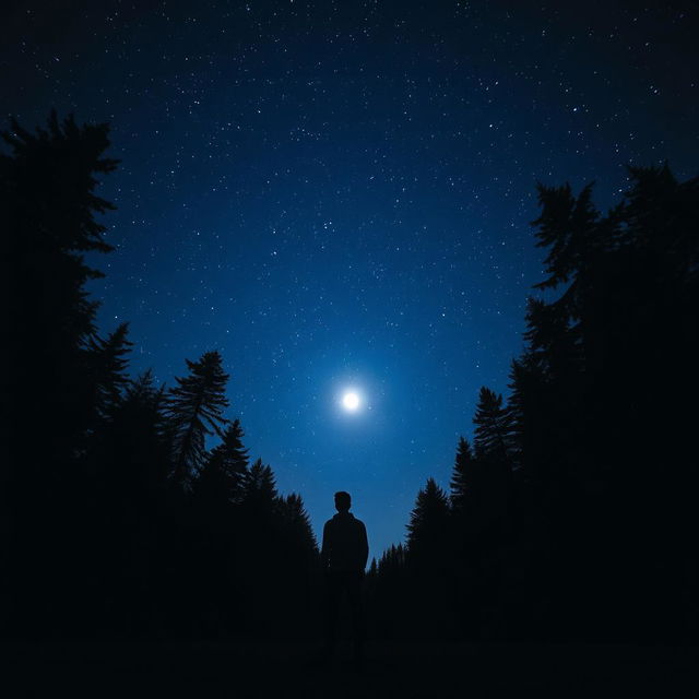 A clear scene of a solitary person standing in a peaceful forest at night, under a vivid and star-filled sky