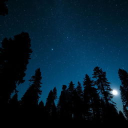 A clear scene of a solitary person standing in a peaceful forest at night, under a vivid and star-filled sky