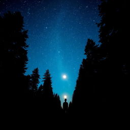 A clear scene of a solitary person standing in a peaceful forest at night, under a vivid and star-filled sky