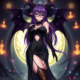 A sexy demonic anime girl witch with long, vibrant purple hair and stylish glasses, showcasing an enticing and alluring demeanor
