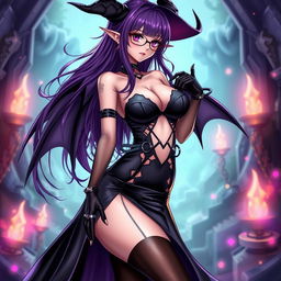 A sexy demonic anime girl witch with long, vibrant purple hair and stylish glasses, showcasing an enticing and alluring demeanor