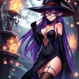 A sexy demonic anime girl witch with long, vibrant purple hair and stylish glasses, showcasing an enticing and alluring demeanor