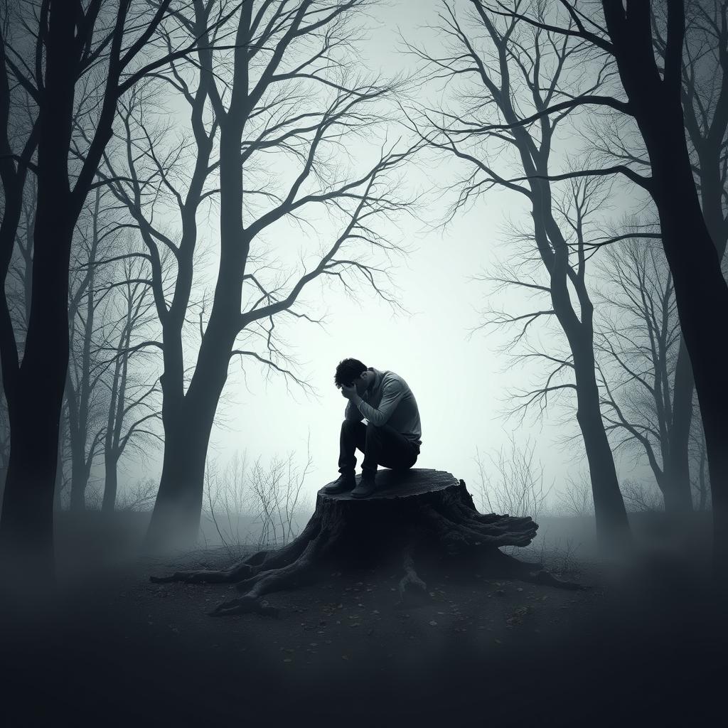 A poignant depiction of 'exile', featuring a solitary, depressed figure sitting on a fallen tree stump in a gloomy forest