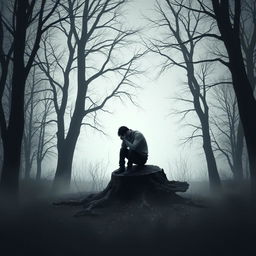 A poignant depiction of 'exile', featuring a solitary, depressed figure sitting on a fallen tree stump in a gloomy forest