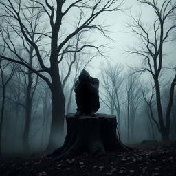 A poignant depiction of 'exile', featuring a solitary, depressed figure sitting on a fallen tree stump in a gloomy forest