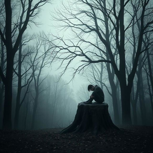 A poignant depiction of 'exile', featuring a solitary, depressed figure sitting on a fallen tree stump in a gloomy forest