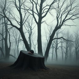 A poignant depiction of 'exile', featuring a solitary, depressed figure sitting on a fallen tree stump in a gloomy forest